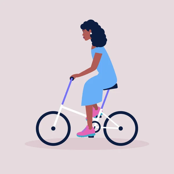 Bisikletli Bir Kadının Vektör Çizimi Bisiklet Sürüyorum Düz Biçim — Stok Vektör