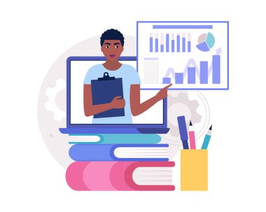 İş analizi konsepti. Bilgi, proje, istatistik sunan genç bir adam. Düz bir şekilde vektör illüstrasyonu.