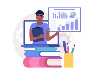 İş analizi konsepti. Bilgi, proje, istatistik sunan genç bir adam. Düz bir şekilde vektör illüstrasyonu.