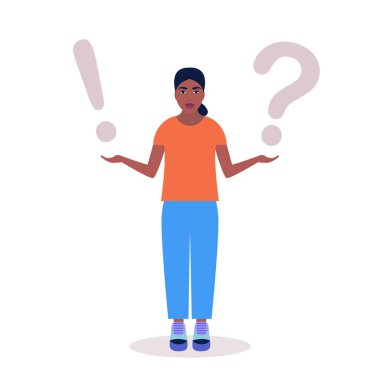 Seçim konsepti. Kollarında soru işareti ve cevap işareti taşıyan genç bir kadın. Renkli düz vektör illüstrasyonu.