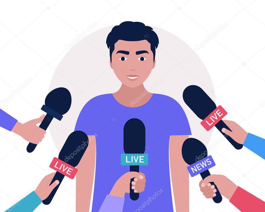 Interview concept. Man with microphones. Popular person, presenter, celebrity, political gives comments and opinions for breaking news, reportage, tv program. Vector illustration in a flat style