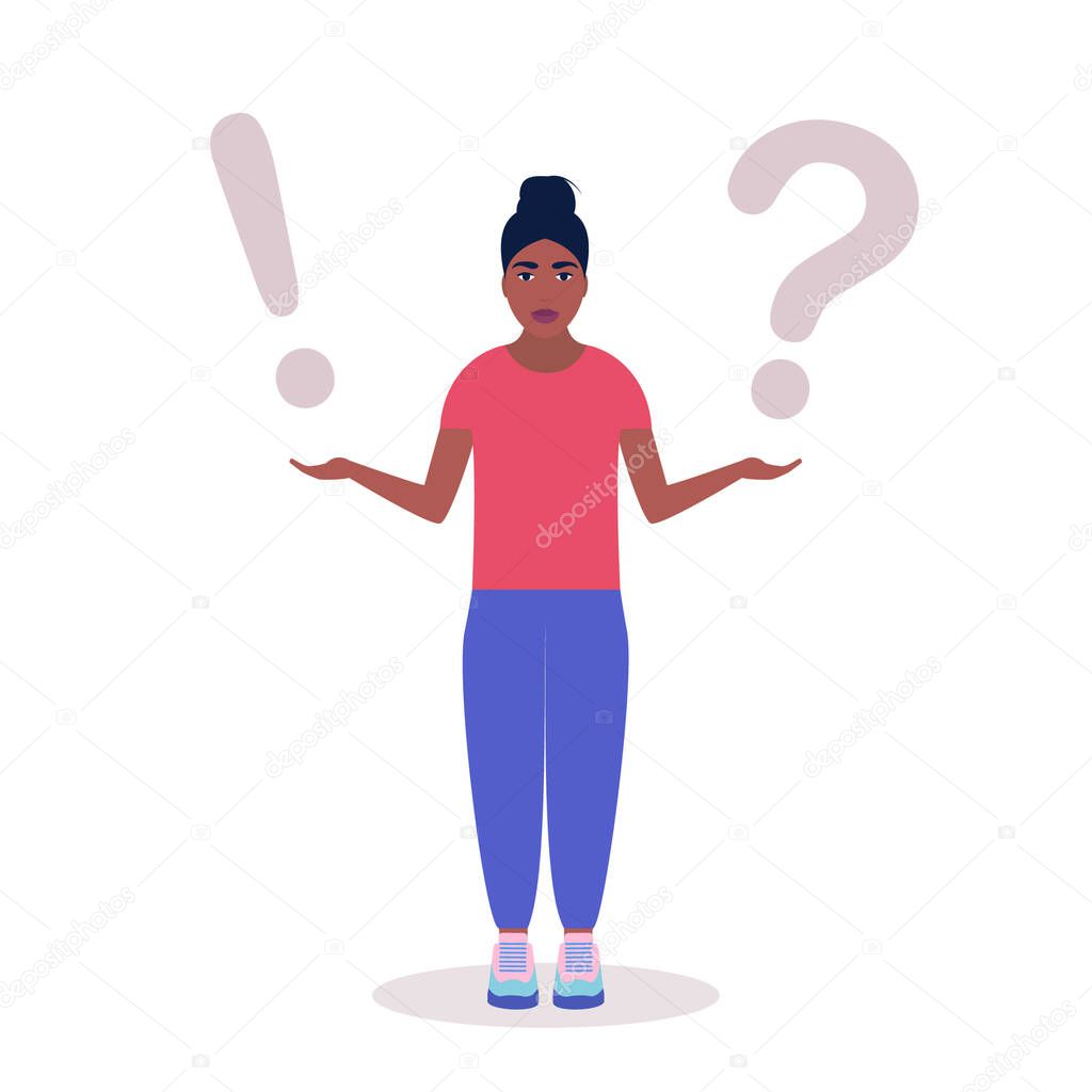 Choice concept. Young woman holding question mark and answer mark in her arms. Colorful flat vector illustration.