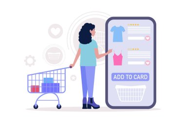 Alışveriş konsepti. Akıllı telefondan online alışveriş. Düz bir şekilde vektör illüstrasyonu