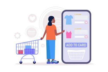 Alışveriş konsepti. Akıllı telefondan online alışveriş. Düz bir şekilde vektör illüstrasyonu