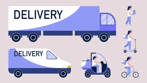 Collection Delivery Theme Delivery Truck Car Bicycle Scooter Vector Illustration — Stock Vector