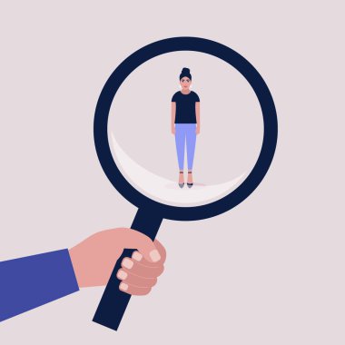Başarı, yetenek, terfi, seçim konsepti. Aday seçimi konsepti. Genç bir bayanın üzerinde büyüteç tutan bir el. Renkli düz vektör illüstrasyonu