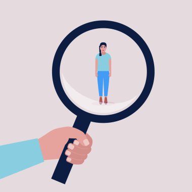 Başarı, yetenek, terfi, seçim konsepti. Aday seçimi konsepti. Genç bir bayanın üzerinde büyüteç tutan bir el. Renkli düz vektör illüstrasyonu