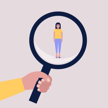 Başarı, yetenek, terfi, seçim konsepti. Aday seçimi konsepti. Genç bir bayanın üzerinde büyüteç tutan bir el. Renkli düz vektör illüstrasyonu