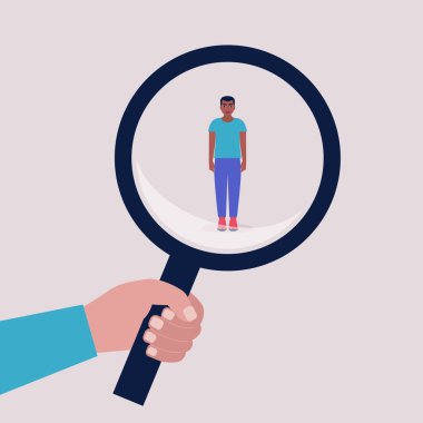 Başarı, yetenek, terfi, seçim konsepti. Aday seçimi konsepti. Bir gencin eline büyüteç tutarak. Renkli düz vektör illüstrasyonu