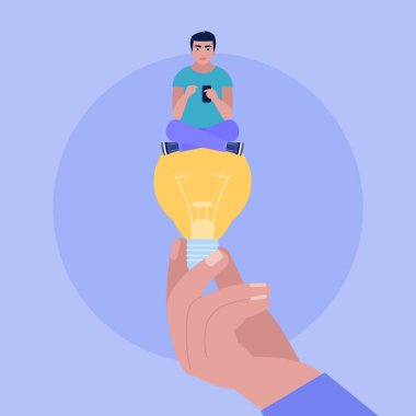 Genç bir adamla büyük bir ampulü tutarken. Beyin fırtınası konsepti. Düz bir şekilde vektör illüstrasyonu.