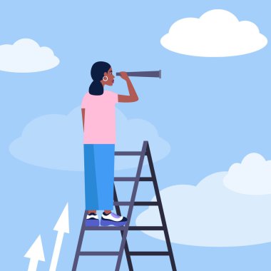 Başarı, yetenek, hırs konsepti. Genç bir kadın merdivenlerde elinde bir teleskop tutuyor. Renkli düz vektör illüstrasyonu