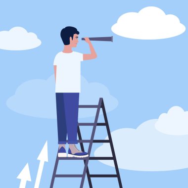 Başarı, yetenek, hırs konsepti. Genç adam merdivenlerde duruyor ve bir teleskop tutuyor. Renkli düz vektör illüstrasyonu