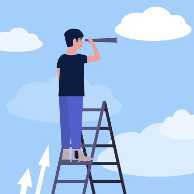 Başarı, yetenek, hırs konsepti. Genç adam merdivenlerde duruyor ve bir teleskop tutuyor. Renkli düz vektör illüstrasyonu