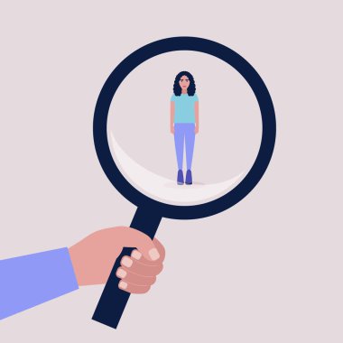 Başarı, yetenek, terfi, seçim konsepti. Aday seçimi konsepti. Genç bir bayanın üzerinde büyüteç tutan bir el. Renkli düz vektör illüstrasyonu