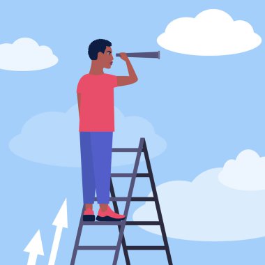 Başarı, yetenek, hırs konsepti. Genç adam merdivenlerde duruyor ve bir teleskop tutuyor. Renkli düz vektör illüstrasyonu