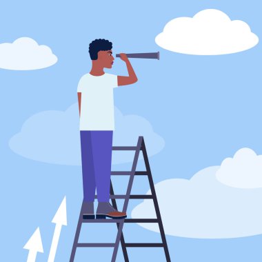 Başarı, yetenek, hırs konsepti. Genç adam merdivenlerde duruyor ve bir teleskop tutuyor. Renkli düz vektör illüstrasyonu