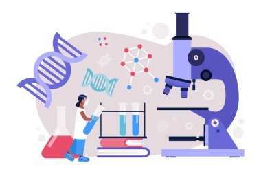Araştırma, genetik, bilim konsepti. Genç kadın moleküllerle çalışıyor. Renkli düz vektör illüstrasyonu