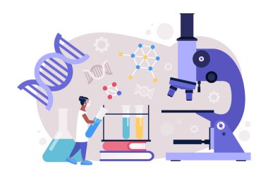 Araştırma, genetik, bilim konsepti. Genç kadın moleküllerle çalışıyor. Renkli düz vektör illüstrasyonu