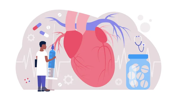 Young Man Inspects Heart Cardiology Concept Colorful Flat Vector Illustration — Stock Vector