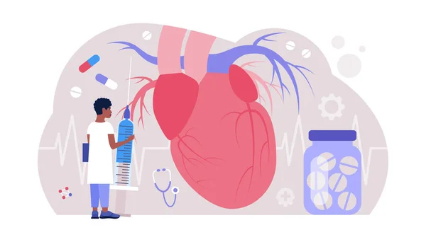 Jovem Inspeciona Coração Conceito Cardiologia Ilustração Vetorial Plana Colorida — Vetor de Stock