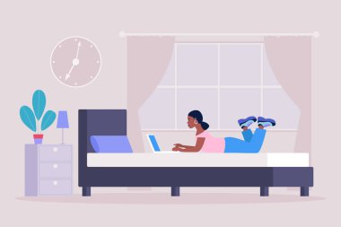 Çalışma akışı illüstrasyonu. Genç bir kadın evde dizüstü bilgisayarla çalışıyor. Freelancer kötü işler yapar. Sosyal ağlarda iletişim, e-posta, online toplantı, video görüşmesi. Düz bir şekilde vektör illüstrasyonu