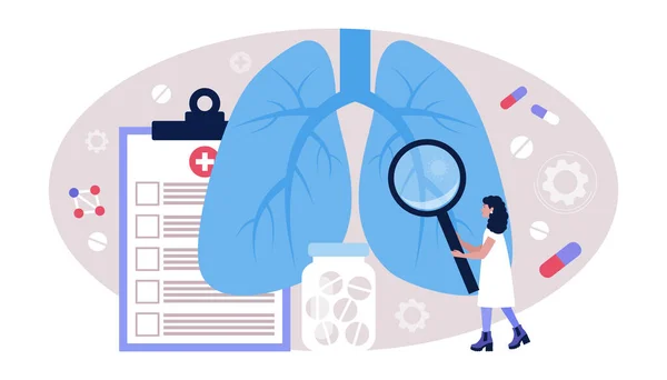 Concepto Neumología Una Joven Inspecciona Los Pulmones Ilustración Vector Plano — Vector de stock