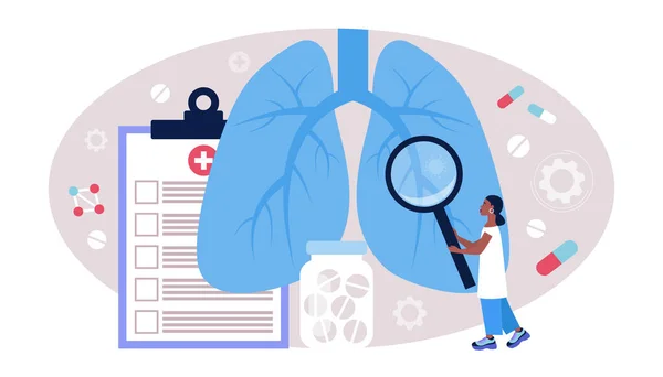 Concepto Neumología Una Joven Inspecciona Los Pulmones Ilustración Vector Plano — Vector de stock