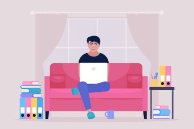 Çalışma akışı illüstrasyonu. Genç adam evde dizüstü bilgisayarla çalışıyor. Freelancer kanepede çalışıyor. Sosyal ağlarda iletişim, e-posta, online toplantı, video görüşmesi. Düz bir şekilde vektör illüstrasyonu