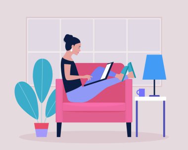 Çalışma akışı illüstrasyonu. Genç bir kadın evde dizüstü bilgisayarla çalışıyor. Freelancer sandalyede çalışıyor. Sosyal ağlarda iletişim, e-posta, online toplantı, video görüşmesi. Düz bir şekilde vektör illüstrasyonu