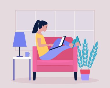 Çalışma akışı illüstrasyonu. Genç bir kadın evde dizüstü bilgisayarla çalışıyor. Freelancer sandalyede çalışıyor. Sosyal ağlarda iletişim, e-posta, online toplantı, video görüşmesi. Düz bir şekilde vektör illüstrasyonu