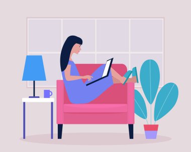 Çalışma akışı illüstrasyonu. Genç bir kadın evde dizüstü bilgisayarla çalışıyor. Freelancer sandalyede çalışıyor. Sosyal ağlarda iletişim, e-posta, online toplantı, video görüşmesi. Düz bir şekilde vektör illüstrasyonu