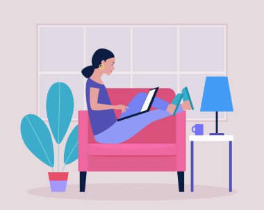 Çalışma akışı illüstrasyonu. Genç bir kadın evde dizüstü bilgisayarla çalışıyor. Freelancer sandalyede çalışıyor. Sosyal ağlarda iletişim, e-posta, online toplantı, video görüşmesi. Düz bir şekilde vektör illüstrasyonu