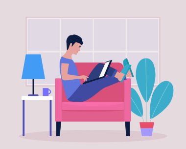 Çalışma akışı illüstrasyonu. Genç adam evde dizüstü bilgisayarla çalışıyor. Freelancer sandalyede çalışıyor. Sosyal ağlarda iletişim, e-posta, online toplantı, video görüşmesi. Düz bir şekilde vektör illüstrasyonu