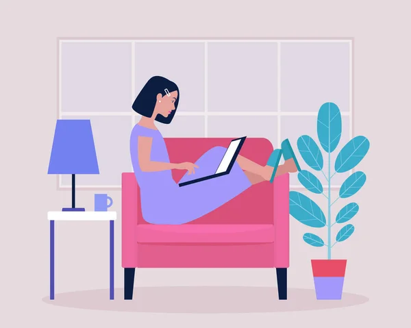 Illustration Des Arbeitsablaufs Junge Frau Arbeitet Hause Mit Laptop Freelancer — Stockvektor