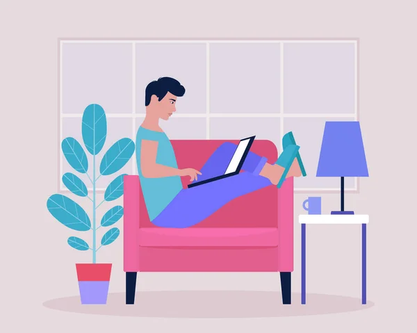 Ilustração Fluxo Trabalho Jovem Trabalha Casa Com Laptop Freelancer Trabalha — Vetor de Stock