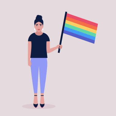 Geçit törenindeki LGBT aktivistinin temsilcisi. Gökkuşağı bayrağı taşıyan genç bir kadın. Düz bir şekilde vektör illüstrasyonu