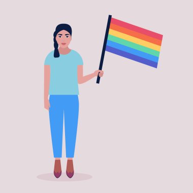 Geçit törenindeki LGBT aktivistinin temsilcisi. Gökkuşağı bayrağı taşıyan genç bir kadın. Düz bir şekilde vektör illüstrasyonu