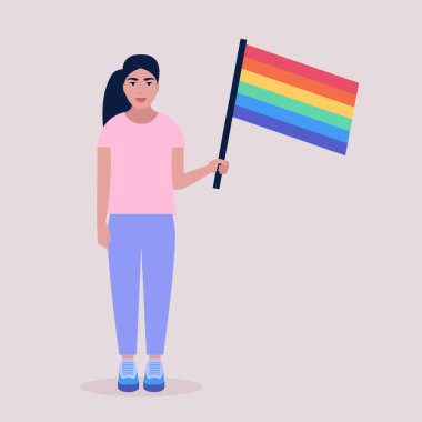 Geçit törenindeki LGBT aktivistinin temsilcisi. Gökkuşağı bayrağı taşıyan genç bir kadın. Düz bir şekilde vektör illüstrasyonu