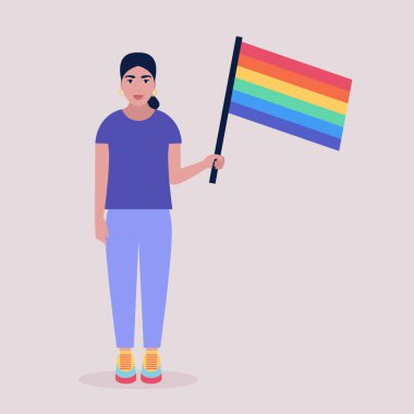 Geçit törenindeki LGBT aktivistinin temsilcisi. Gökkuşağı bayrağı taşıyan genç bir kadın. Düz bir şekilde vektör illüstrasyonu