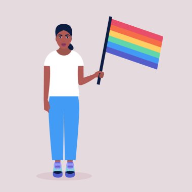 Geçit törenindeki LGBT aktivistinin temsilcisi. Gökkuşağı bayrağı taşıyan genç bir kadın. Düz bir şekilde vektör illüstrasyonu