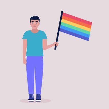 Geçit törenindeki LGBT aktivistinin temsilcisi. Gökkuşağı bayrağı taşıyan genç bir adam. Düz bir şekilde vektör illüstrasyonu