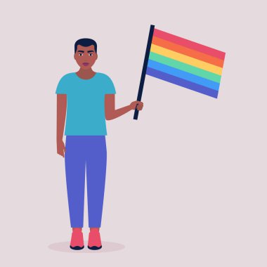 Geçit törenindeki LGBT aktivistinin temsilcisi. Gökkuşağı bayrağı taşıyan genç bir adam. Düz bir şekilde vektör illüstrasyonu