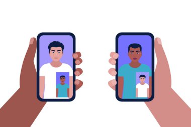 Konferans görüntülü konuşma, bir arkadaşla görüntülü konuşma, internetten çalışma, iş görüşmesi. El ele tutuşan cep telefonu. Renkli düz vektör illüstrasyonu.