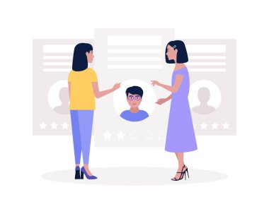 Aday seçimi konsepti. Konuşan insanların tasviri. İnsanlar adayların özgeçmişlerini inceliyor. Düz çizgi film tarzında renkli vektör illüstrasyonu