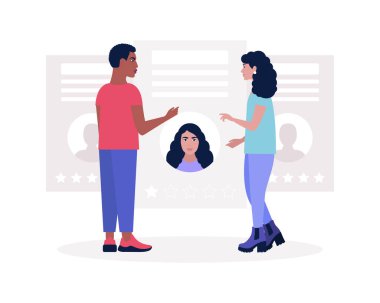 Aday seçimi konsepti. Konuşan insanların tasviri. İnsanlar adayların özgeçmişlerini inceliyor. Düz çizgi film tarzında renkli vektör illüstrasyonu