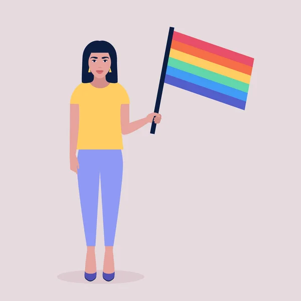 Vector Illustratie Van Lgbt Activist Parade Jonge Vrouw Met Regenboogvlag — Stockvector