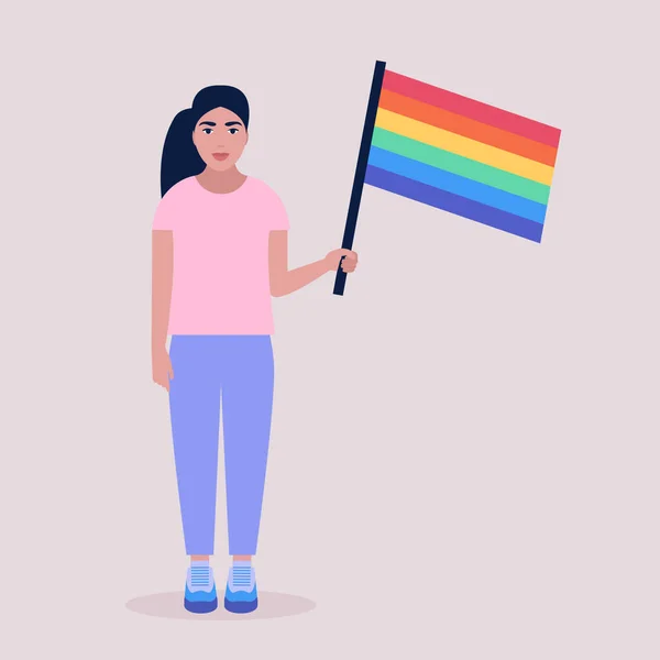 Vector Illustratie Van Lgbt Activist Parade Jonge Vrouw Met Regenboogvlag — Stockvector