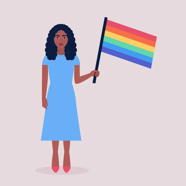 Vector Illustratie Van Lgbt Activist Parade Jonge Vrouw Met Regenboogvlag — Stockvector