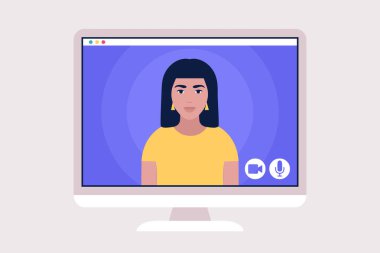 Konferans görüntülü konuşma, bir arkadaşla görüntülü konuşma, internetten çalışma, iş görüşmesi. Renkli düz vektör illüstrasyonu.