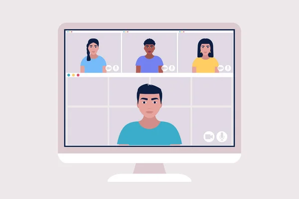 Ilustracja Wideokonferencji Rozmowy Wideo Znajomego Nauka Online Spotkanie Biznesowe Kolorowe — Wektor stockowy